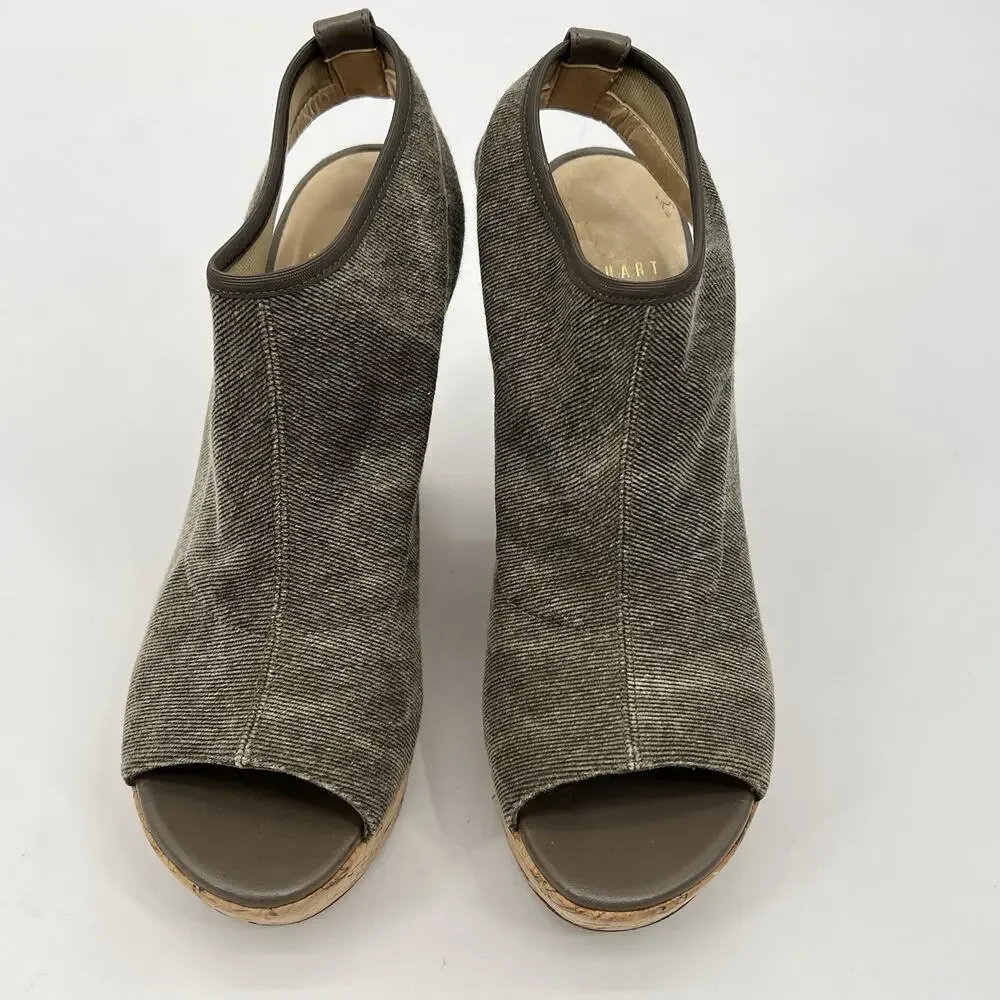 Stuart Weitzman Glove Tan Stretch Wedge Slingback Sandal Size 8M Cork Peep Toe - Picture 2 of 12